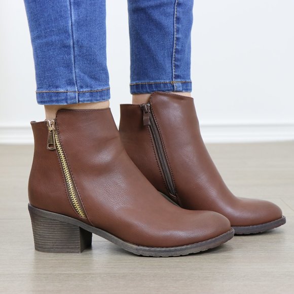 Brown Faux Leather Ankle Boots W/ Gold Zipper - Picture 2 of 9